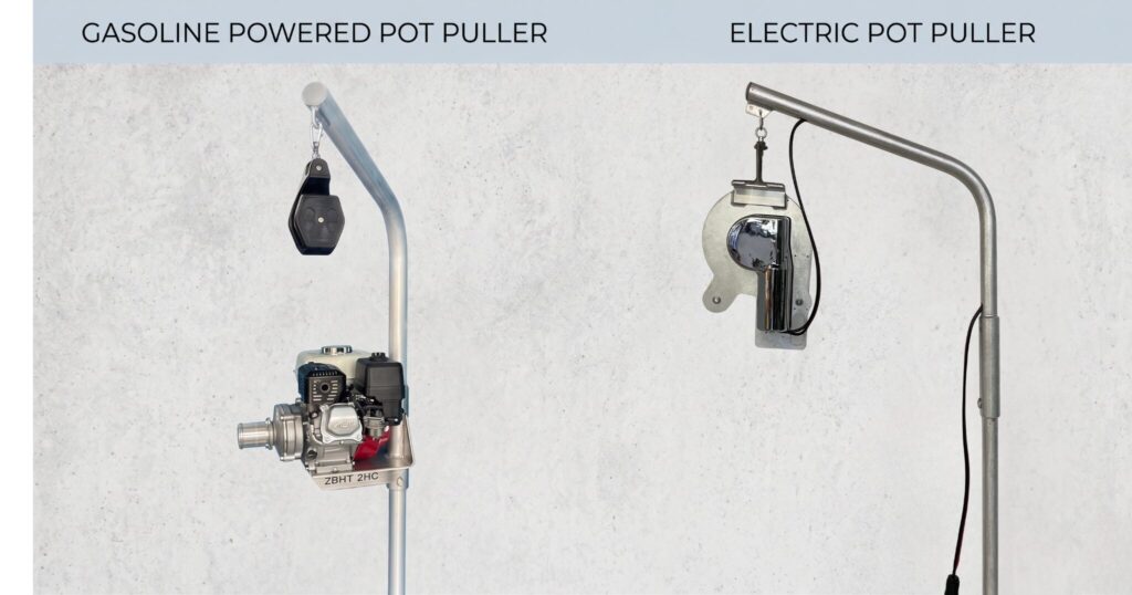 How to Choose the Right Shrimp and Crab Pot Puller for Your Boat This Summer A picture of a gas crab pot puller, and an electric pot puller